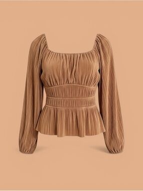 Express Pleated Tan Long-Sleeve Peplum Blouse